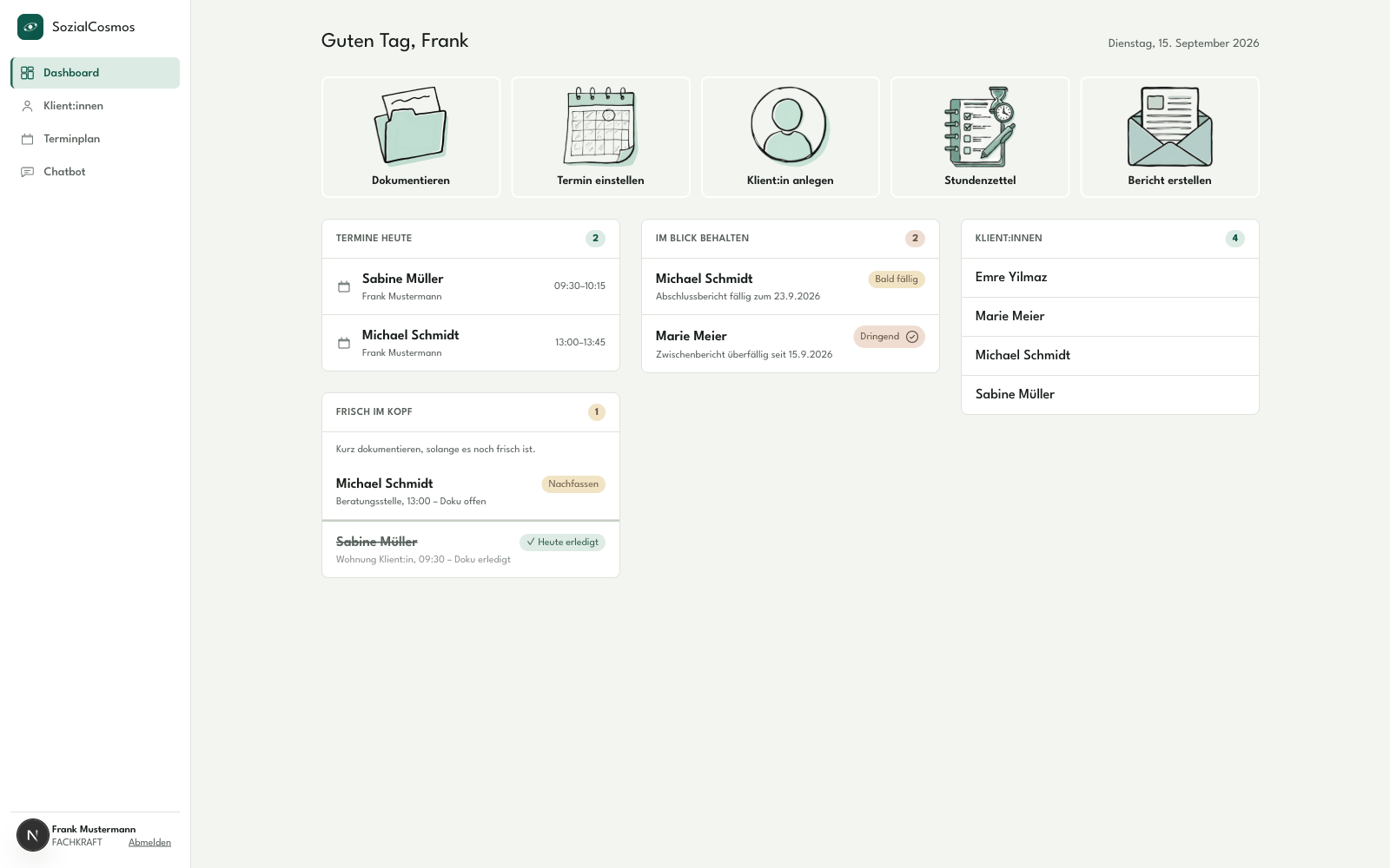 Dashboard von SozialCosmos mit Terminen, fälligen Berichten und Klient:innen-Übersicht